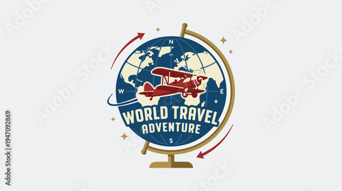 Vintage Biplane Flying Around Globe Emblem World Travel Adventure.