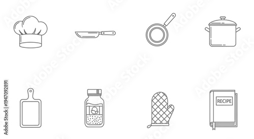 Kitchen and cooking equipment line art icons set