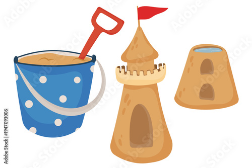 Flat vector illustration of beach bucket with shovel and sandcastles. Summer beach toys isolated elements for vacation, seaside play, children activities and coastal design