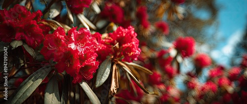 Vibrant Red Rhododendron Flowers Blooming in Spring Sunlight.