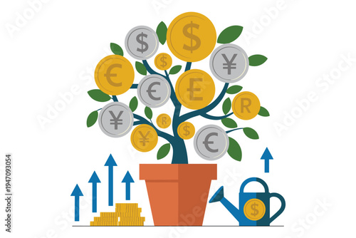 Money tree with various currency coins and growth symbols on a white background dollar euro