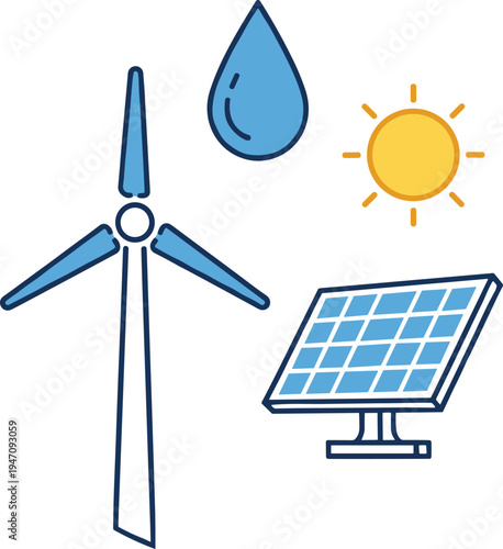 Renewable energy sources illustrated with wind, solar, and water elements