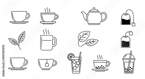 Line art icons of tea cups, pot, bags, and drinks