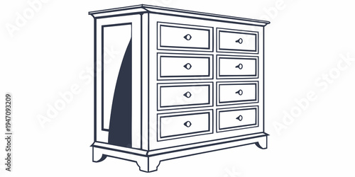 A vintage wooden dresser with eight drawers and a mirror on the left side.