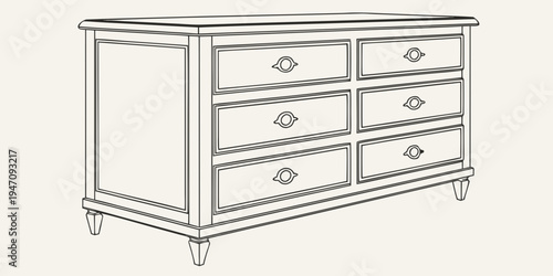 A vintage wooden dresser with six drawers and elegant brass handles