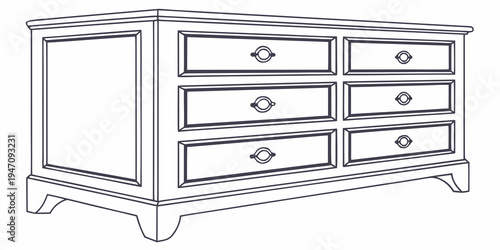 A classic wooden dresser with six drawers and ornate handles
