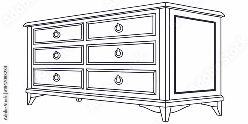 A vintage wooden dresser with six drawers and a cabinet door