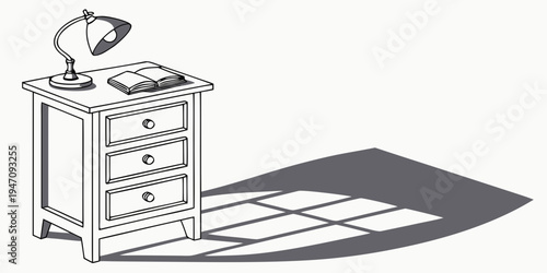 A vintage wooden nightstand with a lamp and books in a cozy room setting.