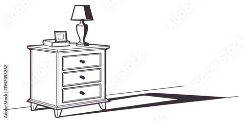 A vintage wooden nightstand with a lamp and alarm clock in a minimalist room