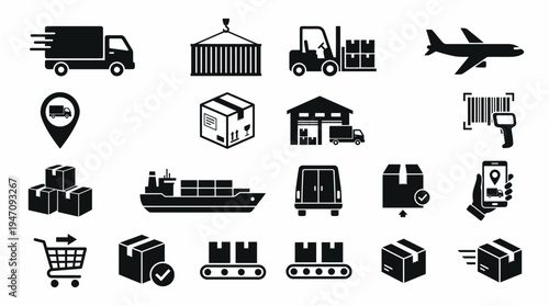 Logistics shipping transportation supply chain black icons set