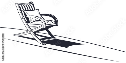 A vintage wooden deck chair with a shadow on a white background