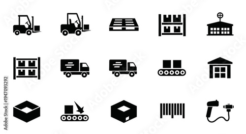 Logistics and supply chain management black silhouette icons set