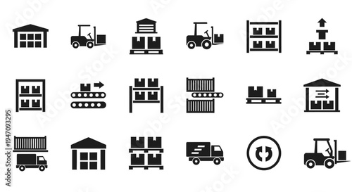 Logistics and warehouse operations black glyph icons set