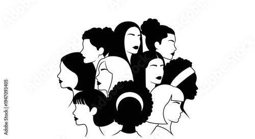 Diverse group of powerful women united in a striking monochrome vector illustration, symbolizing global female strength, community, and solidarity in modern society