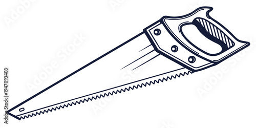 A close-up view of a large, sharp saw with a serrated edge and a sturdy handle.