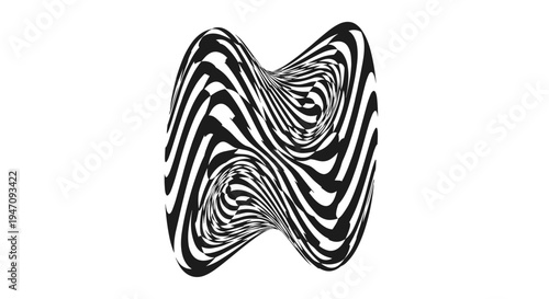Abstract Black and White Optical Illusion Vector Art with Swirling Stripes Creating a Distorted Shape and Visual Effect