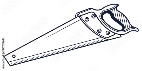 A close-up view of a large, rusty metal saw with a wooden handle