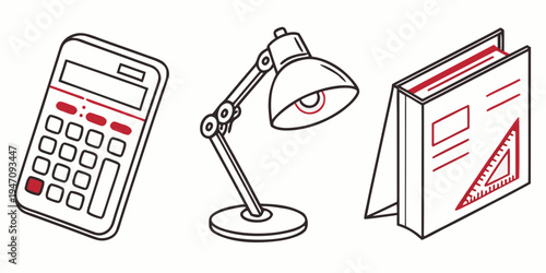 A desk with a calculator, lamp, and notebook for studying or working