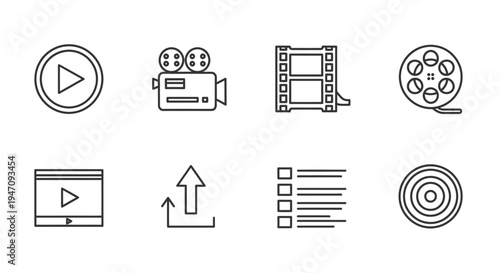 Media and video outline icons set on white background