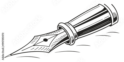 A detailed illustration of a fountain pen with a shiny metallic body and a nib.