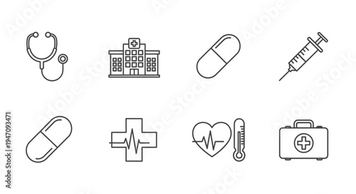 Medical and healthcare line icons set on white background