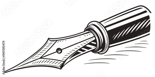 A vintage fountain pen with a shiny nib and intricate detailing on the barrel