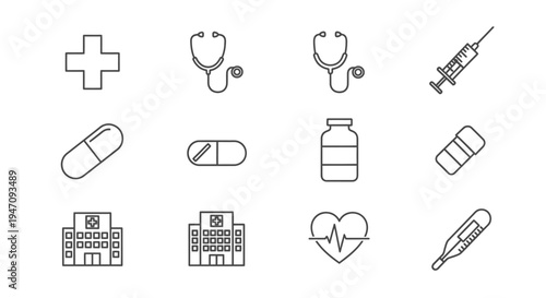 Medical and healthcare outline icons set for design purposes