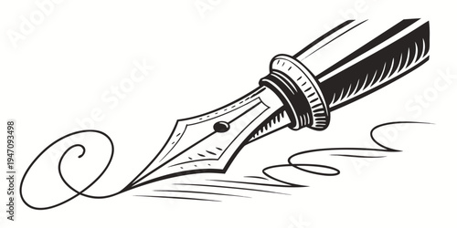 A detailed illustration of a fountain pen with a nib and a swirling ink pattern