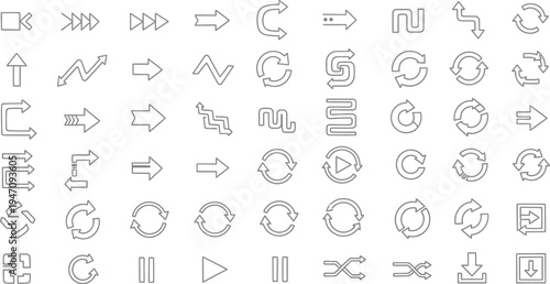 A comprehensive collection of black and white line art vector icons representing various navigation directional symbols and interface controls