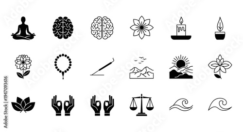 Mindfulness meditation and wellness icon set design