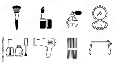 Minimalist beauty, makeup and hair care outline icons set.