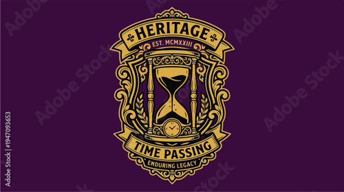 Vintage Heritage Time Passing Hourglass Emblem.