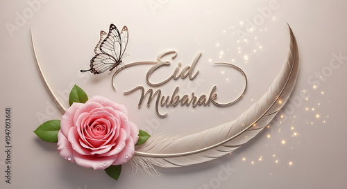 Soft Eid Mubarak greeting with rose butterfly feather crescent