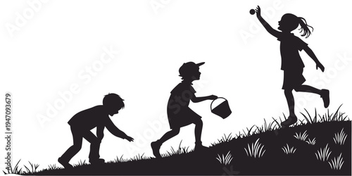 Children playing and growing up in a natural environment with a pail