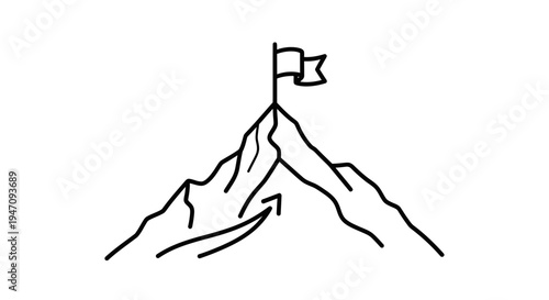 Outline Icon of Mountain Peak with Flag Symbol on Isolated White Background