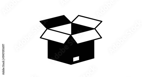 Minimalist black and white open cardboard box icon