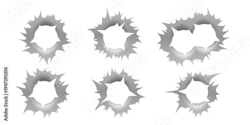 Bullet hole gun mark effects set. Dark impact shapes with torn edges and metallic shading on white background with damage textures. Detailed realistic vector illustration.