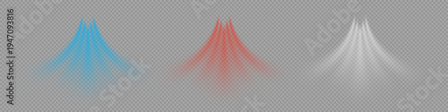 Airflow white blue red streams on transparent background with soft fading effect. Cooling and heating beams create gentle motion and smooth gradients. Modern realistic vector illustration.