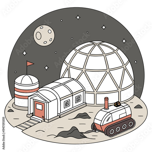 A futuristic lunar base with a train and domes