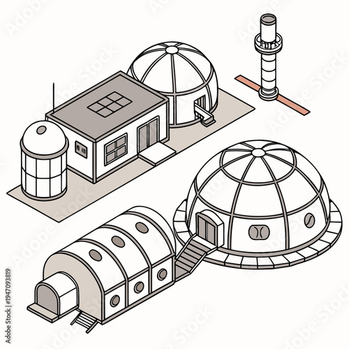 A futuristic space station with domes and modules