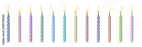 Birthday candles for cake. 3d birthday candles with different colors and glowing flames. Colorful party decoration elements for happy celebration. Festive realistic vector illustration.