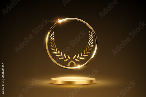 Gold award podium with laurel wreath in glowing round frame on dark background. Luxury template for product presentation, winner ceremony, honors branding. Elegant glamour vector illustration.