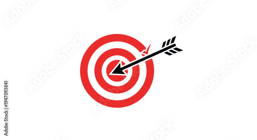 Bold red target with arrow hitting the center, symbolizing business goals and accuracy, isolated white background.