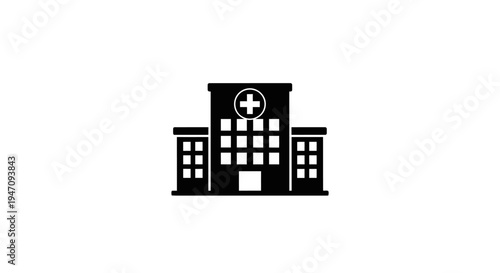 Minimalist black hospital building icon with medical cross symbol