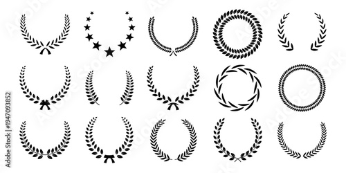 Award laurel wreath set. Winner medal awards with empty place for name of champion. 3D prize for awarding ceremony, championship, best player. Quality certificates. Vector illustration.