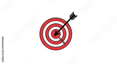 Red target with arrow hitting the bullseye, symbolizing goal achievement and accuracy, isolated white background.