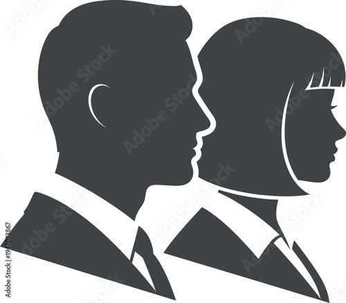 Vector graphic illustration depicting side profile silhouettes of a formal businessman and businesswoman standing together representing partnership or team.