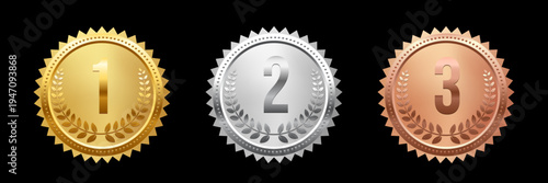 Gold, silver, and bronze medals with laurel wreaths and numbers 1, 2, 3. 3D award icons for first, second, and third place in sports, competitions, athletic events. Realistic vector illustration.