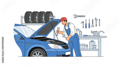 Mechanic Working on Blue Car.