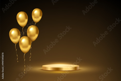 Golden birthday podium with gold balloons. Luxury award podium on dark background. Celebration, winners ceremony, sales promotion banner. Festive elegant decorative vector illustration.